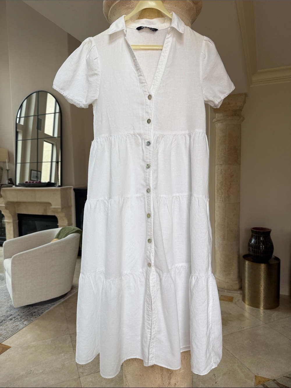 NWOT Zara White Button-Front A-line Tiered Short Sleeve Linen Blend Midi Dress M